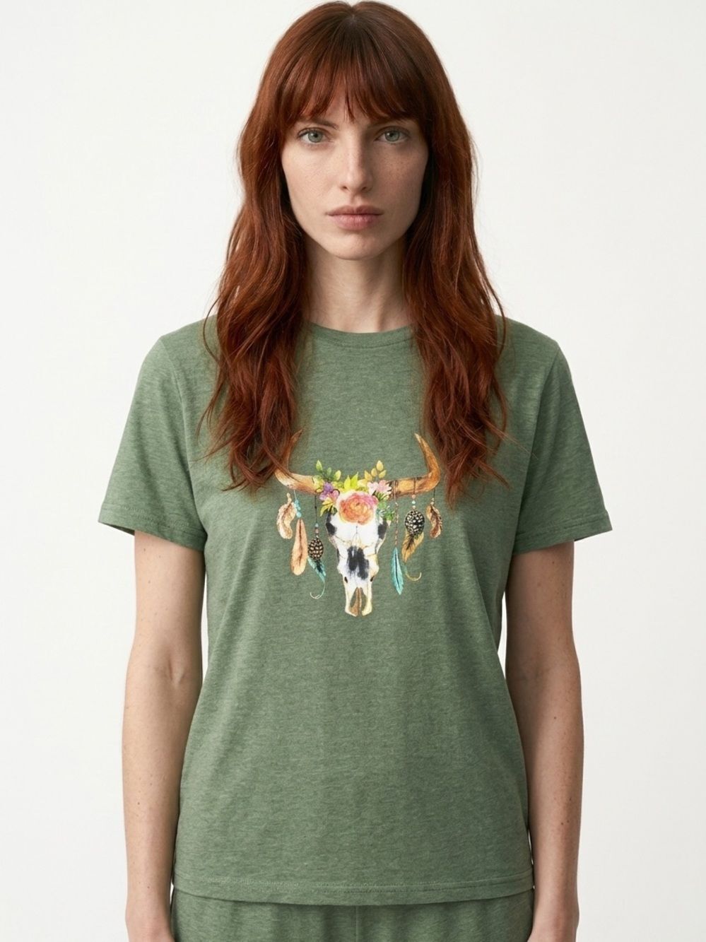 BOHO Cow Skull Short Sleeve Green Tee Size Medium